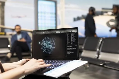 Artificial intelligence system, cloud computing on laptop, delegate in airport 写真素材