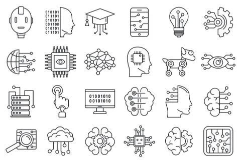 Artificial intelligence system icons set, outline style Illustrazione stock