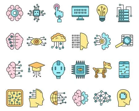 Artificial intelligence system icons set vector color Stock Illustration