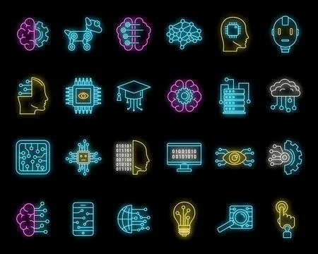 Artificial intelligence system icons set vector neon Illustrazione stock