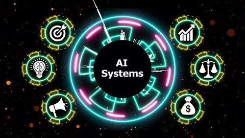Artificial intelligence systems animation with neon light hud and data icons. Видео 336646037