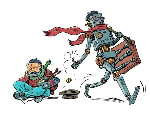 Artificial intelligence takes the work of artists. Robot artist tossing a coin Stock Illustration