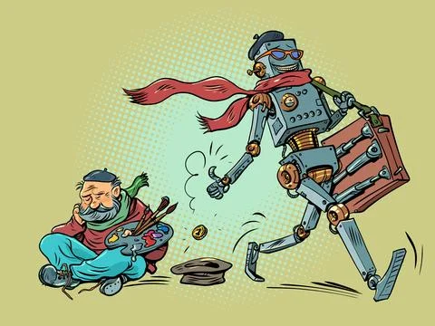 Artificial intelligence takes the work of artists. Robot artist tossing a coin Stock Illustration