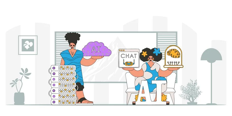 Artificial intelligence team of a guy and girl with fashionable design, vecto イラスト素材