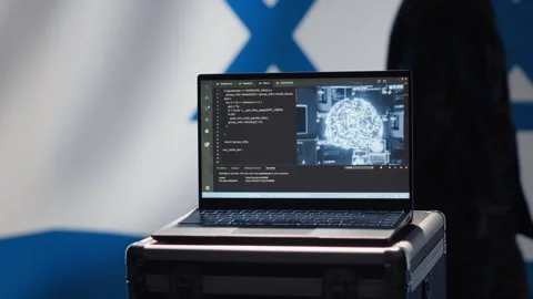 Artificial intelligence tech on laptop used by Mossad agency to defend borders Stock Footage 278249871