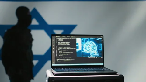 Artificial intelligence tech on laptop used by Mossad agency to defend borders Stock Footage 278294941