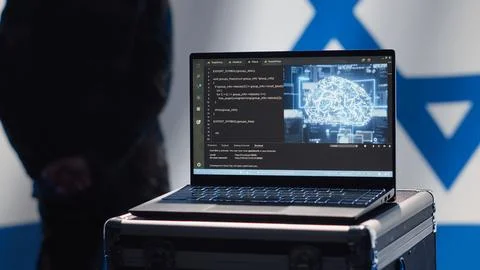 Artificial intelligence tech on laptop used by Mossad agency to defend borders Stock Photos