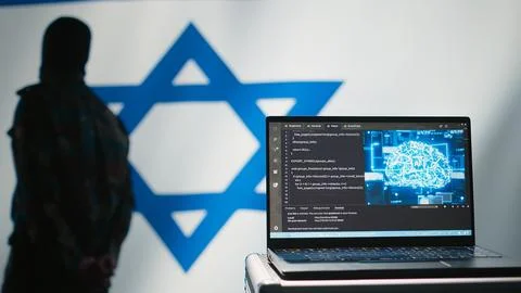 Artificial intelligence tech on laptop used by Mossad agency to defend borders Foto stock