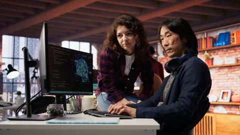 Artificial intelligence tech venture employee requests help from manager Stock Photos