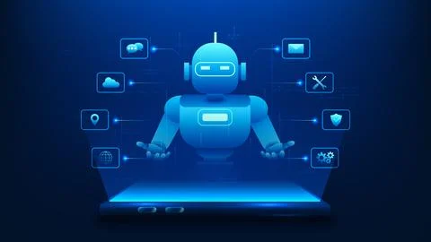 Artificial Intelligence Technology Background, Smartphone with Hologram Rob.. Stockillustratie