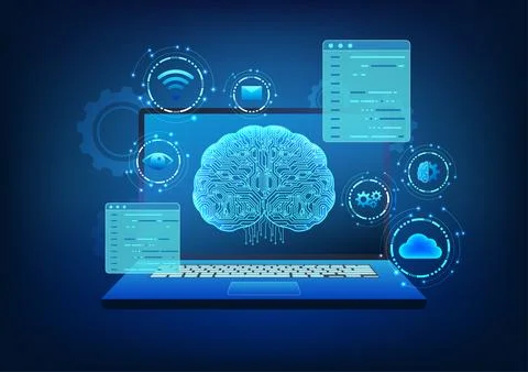 Artificial intelligence technology Brain circuitry in a computer with accom.. Illustrazione stock