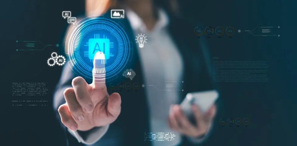 Artificial intelligence technology concept with hand touching AI icons digi.. Stock Photos