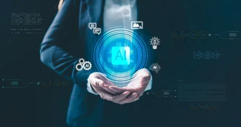 Artificial intelligence technology concept with hand holding AI icons digit.. 스톡 사진