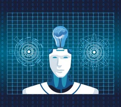 Artificial intelligence technology cyborg with brain in bulb vr scene background Illustrazione stock