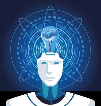 Artificial intelligence technology cyborg with human brain in bulb Stock Illustration