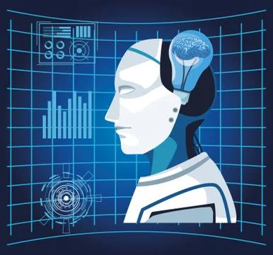 Artificial intelligence technology cyborg human brin bulb virtual reality Stock Illustration