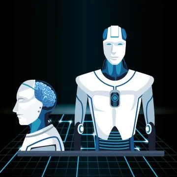 Artificial intelligence technology cyborg machines human brain assembly Stock Illustration