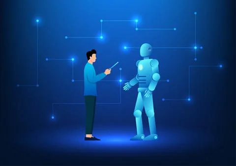 Artificial intelligence technology Engineer checking data on a robot that u.. Stock Illustration