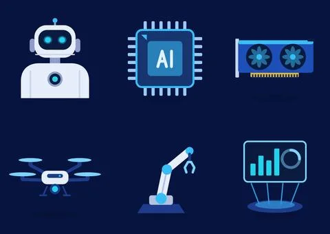 Artificial intelligence technology icon collection with robot, AI processor Stock Illustration
