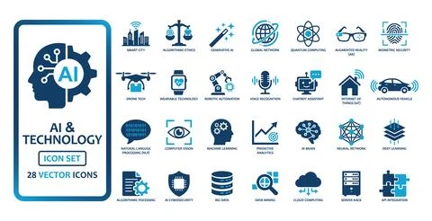 Artificial Intelligence technology icon set. Blue vector symbols for machin.. イラスト素材