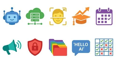 Artificial intelligence technology icons with robot, cloud server, face rec.. Illustrazione stock
