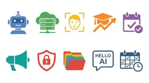 Artificial intelligence technology icons set with robot, cloud server, face.. Illustrazione stock