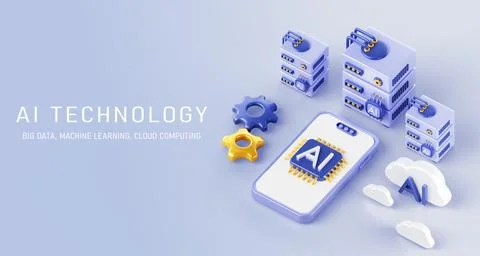 Artificial intelligence technology isometric 3d banner. Cloud computing, data Stock Illustration