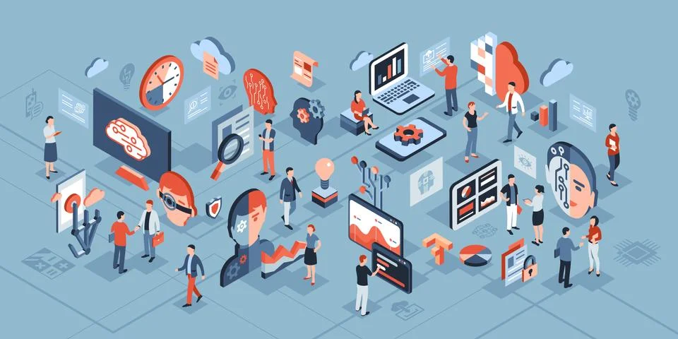 Artificial intelligence technology isometric icons Stock Illustration