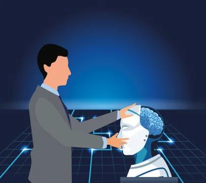 Artificial intelligence technology man and cyborg with human brain Stock Illustration