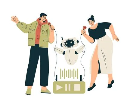 Artificial Intelligence Technology with Man and Woman Character Sing Karaoke Stock Illustration