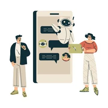 Artificial Intelligence Technology with Man and Woman Character Have Chat with イラスト素材