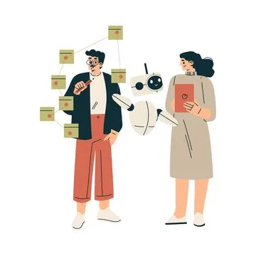 Artificial Intelligence Technology with Man and Woman Character Discuss Business Stock Illustration