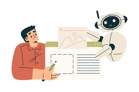 Artificial Intelligence Technology with Man Character and Bot Vector Illustrazione stock