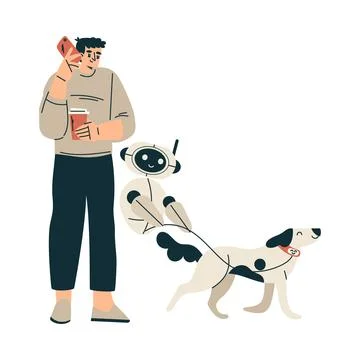 Artificial Intelligence Technology with Man Character Walking Dog with Bot Stock Illustration