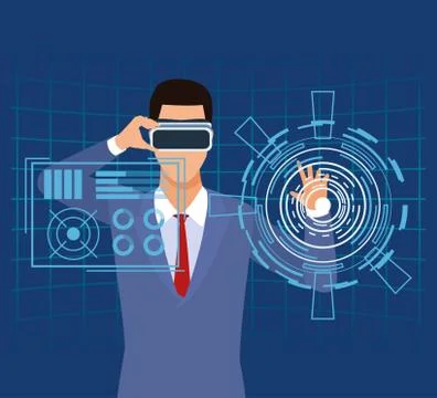 Artificial intelligence technology man using vr goggles function command button Illustrazione stock