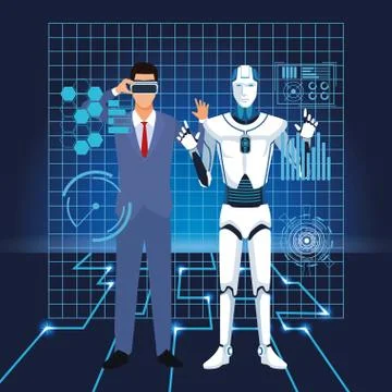 Artificial intelligence technology man using vr goggles and cyborg interface Stock Illustration