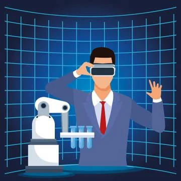 Artificial intelligence technology man with vr glasses and test tubes 스톡 일러스트