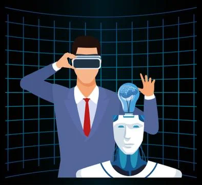 Artificial intelligence technology man with vr glasses and cyborg with human Stock Illustration