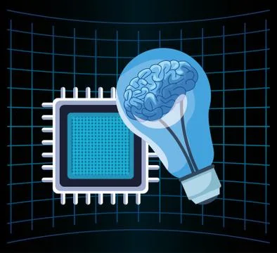 Artificial intelligence technology motherboard circuit human brain in bulb Stock Illustration