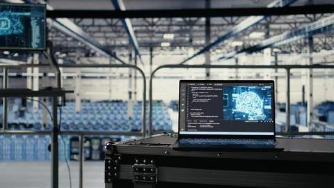 Artificial intelligence technology on notebook in industrial data center Stockfoto's