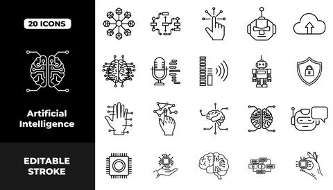 Artificial Intelligence Technology Outline Icon Set Stock Illustration