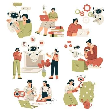 Artificial Intelligence Technology with People Character Interacting with Smart イラスト素材