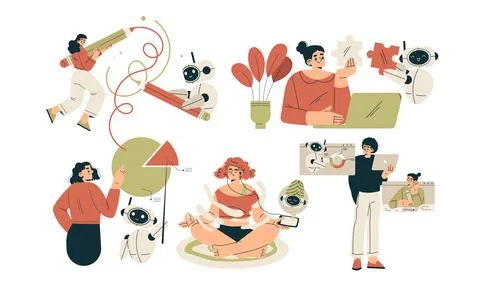 Artificial Intelligence Technology with People Character Interacting with Smart Stock Illustration