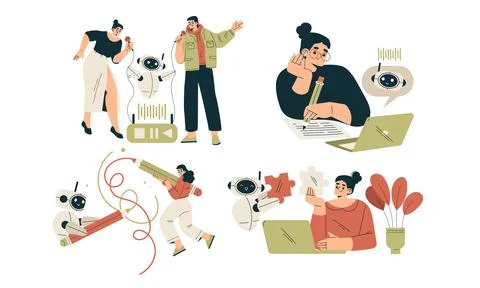 Artificial Intelligence Technology with People Character Interacting with Smart Stock Illustration