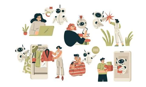 Artificial Intelligence Technology with People Character Interacting with Smart Stock Illustration