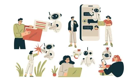 Artificial Intelligence Technology with People Character Interacting with Smart Stock Illustration