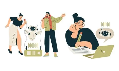 Artificial Intelligence Technology with People Character Interacting with Smart Stock Illustration