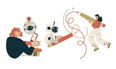 Artificial Intelligence Technology with People Character Interacting with Smart イラスト素材