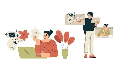 Artificial Intelligence Technology with People Character Interacting with Smart Illustrazione stock