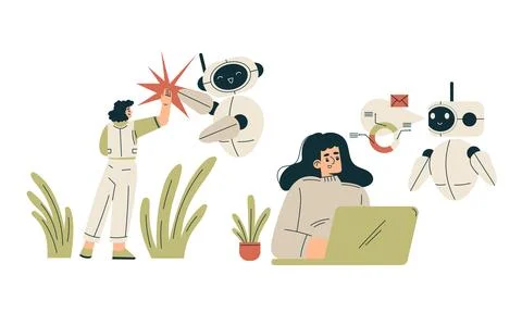 Artificial Intelligence Technology with People Character Interacting with Smart Stock Illustration